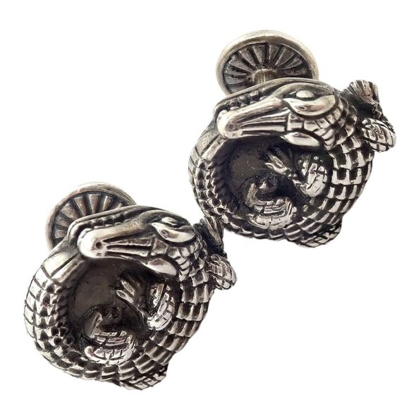 Kieselstein Cord Sterling Silver Gator Classic Coiled Crocodile Circle Cufflinks